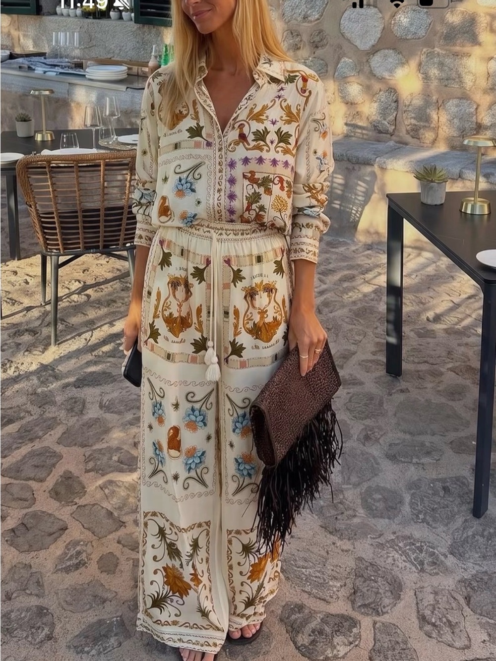 FARM Rio Cream Printed Maxi Jumpsuit with Floral & Tile Motif